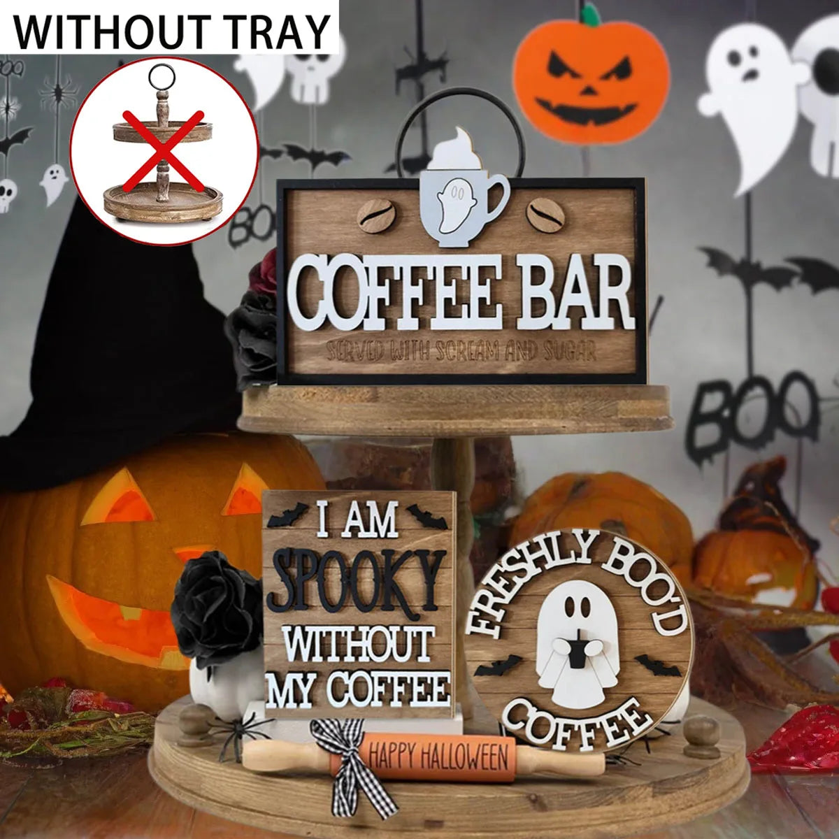 Freshly Boo'd Halloween Wooden Coffee Desktop Sign Halloween Desktop Sign Qme