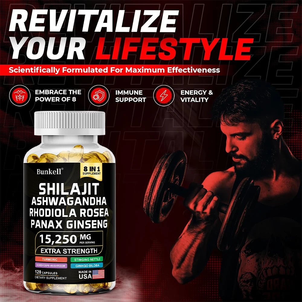 Shilajit 8-in-1 Capsules 15250mg – Ashwagandha Ginseng Turmeric Herbal Supplement Capsules Qst