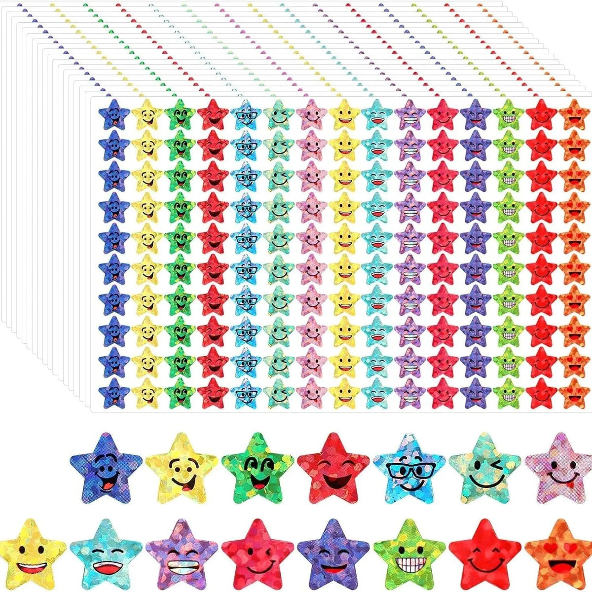 Glitter Foil Star & Happy Face Stickers – 1500 Pcs, 15 Designs Craft Stickers Qme
