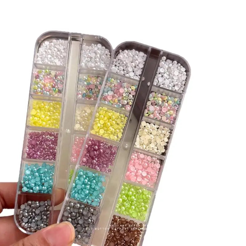 12-Grid Colorful Pearl Half-Round Beads for Nail Art & DIY Nail Art Beads Qme