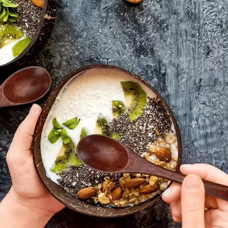 Natural Coconut Shell Bowls & Wooden Spoon Set | Eco Tableware Coconut Shell Bowl Set Qme