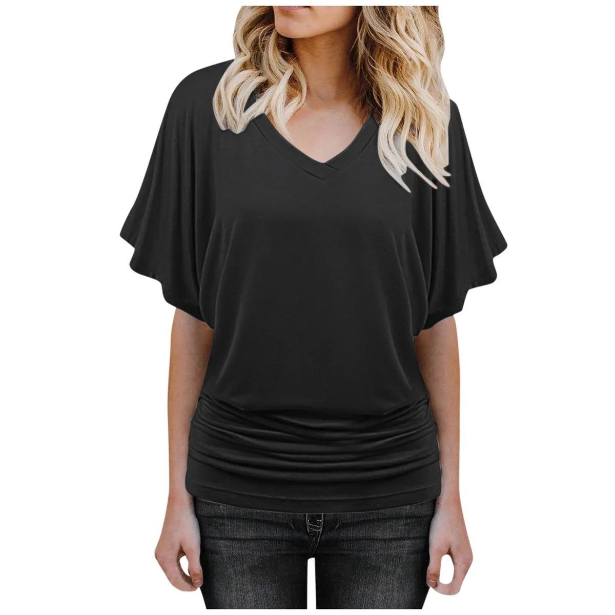 Soft Pleated V-Neck T-Shirt | Short Sleeve Summer Top Women's T-Shirt Qme