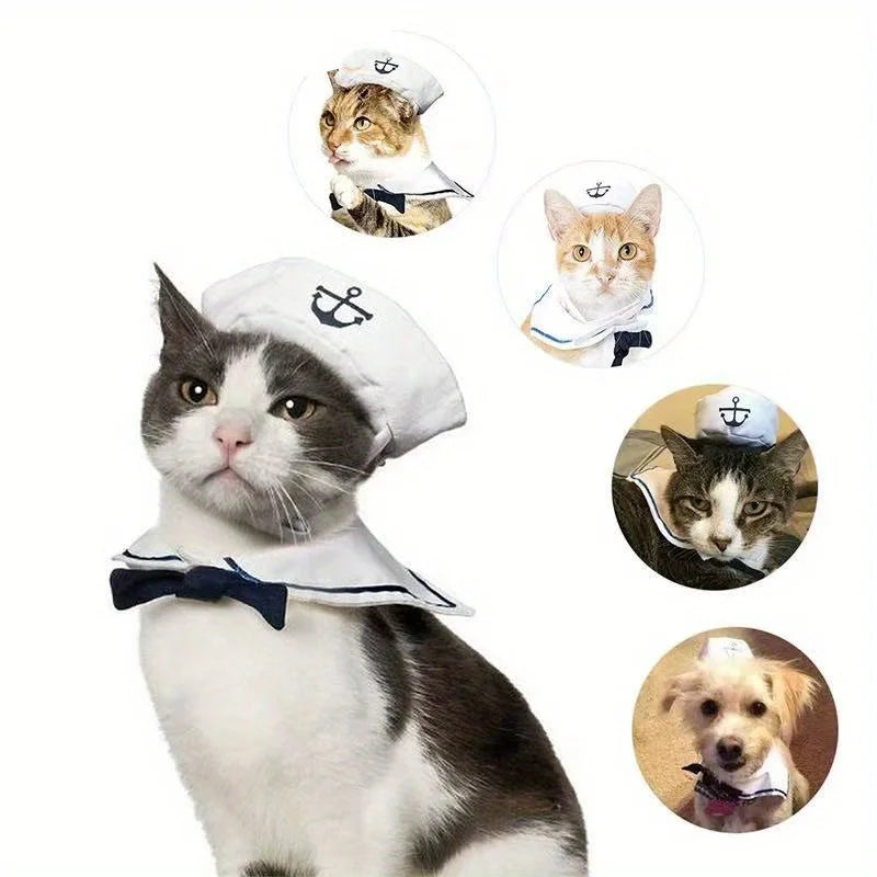 Pet Halloween Sailor Costume Set – Cute Hat & Tie Pet Costume Set Qme WHITE