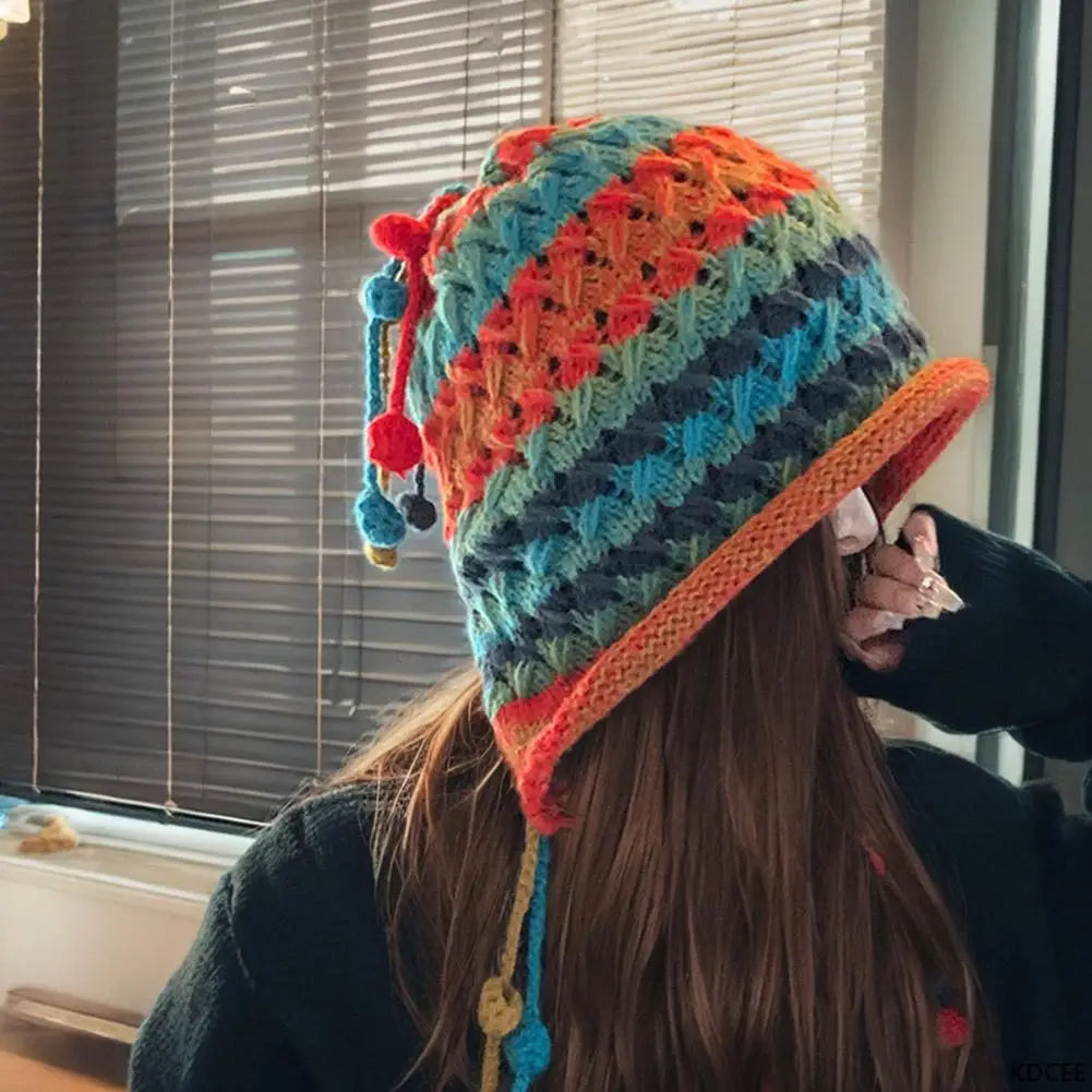 Rainbow Striped Knit Beanie Hat – Women's Winter Warm Cap Knit Beanie Hat Qme