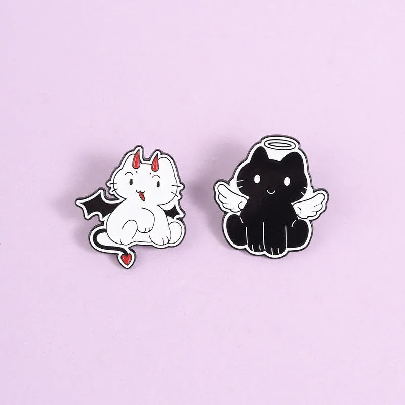 Cartoon Angel & Devil Cat Enamel Pin – Dual Kitten Brooch Enamel Pin Brooch Qme