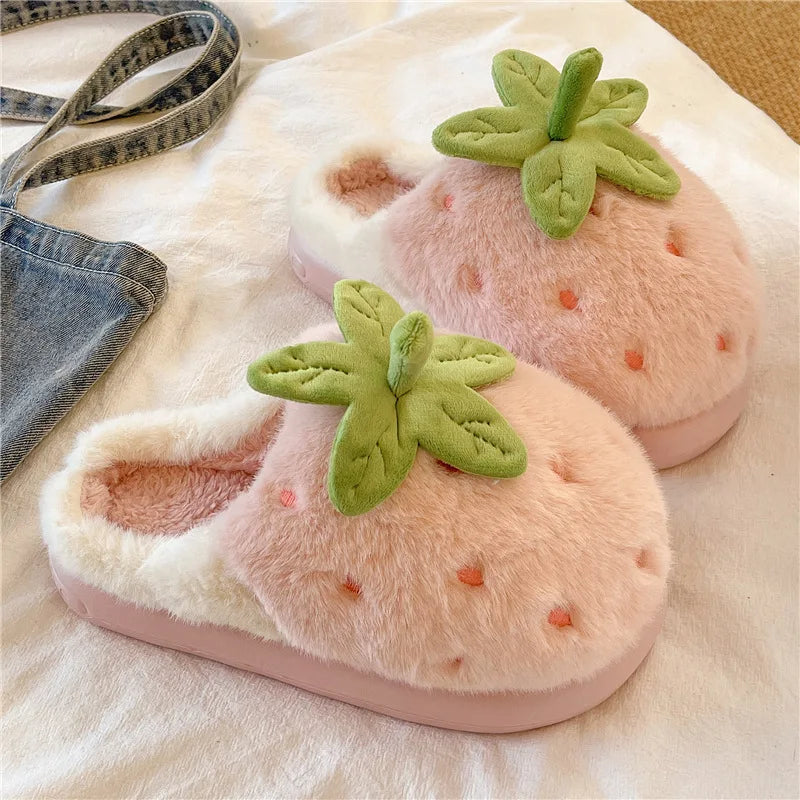 3D Strawberry Fluffy Plush Slippers – Women's Cozy Winter Slides Plush House Slippers Qst
