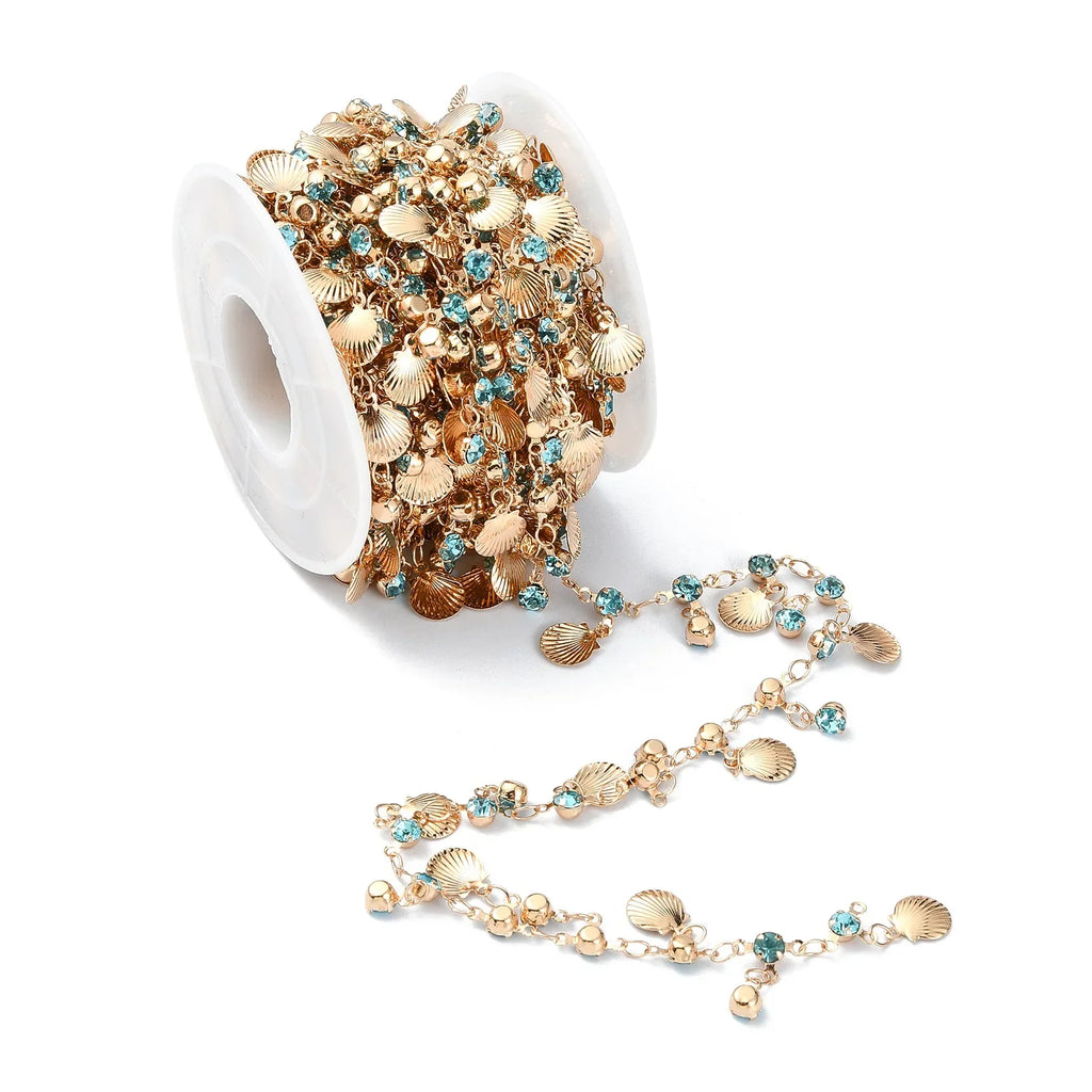 Pandahall 5m Golden Brass Chain Sea Shell Rhinestone Dangles Jewelry Making Chain Qme