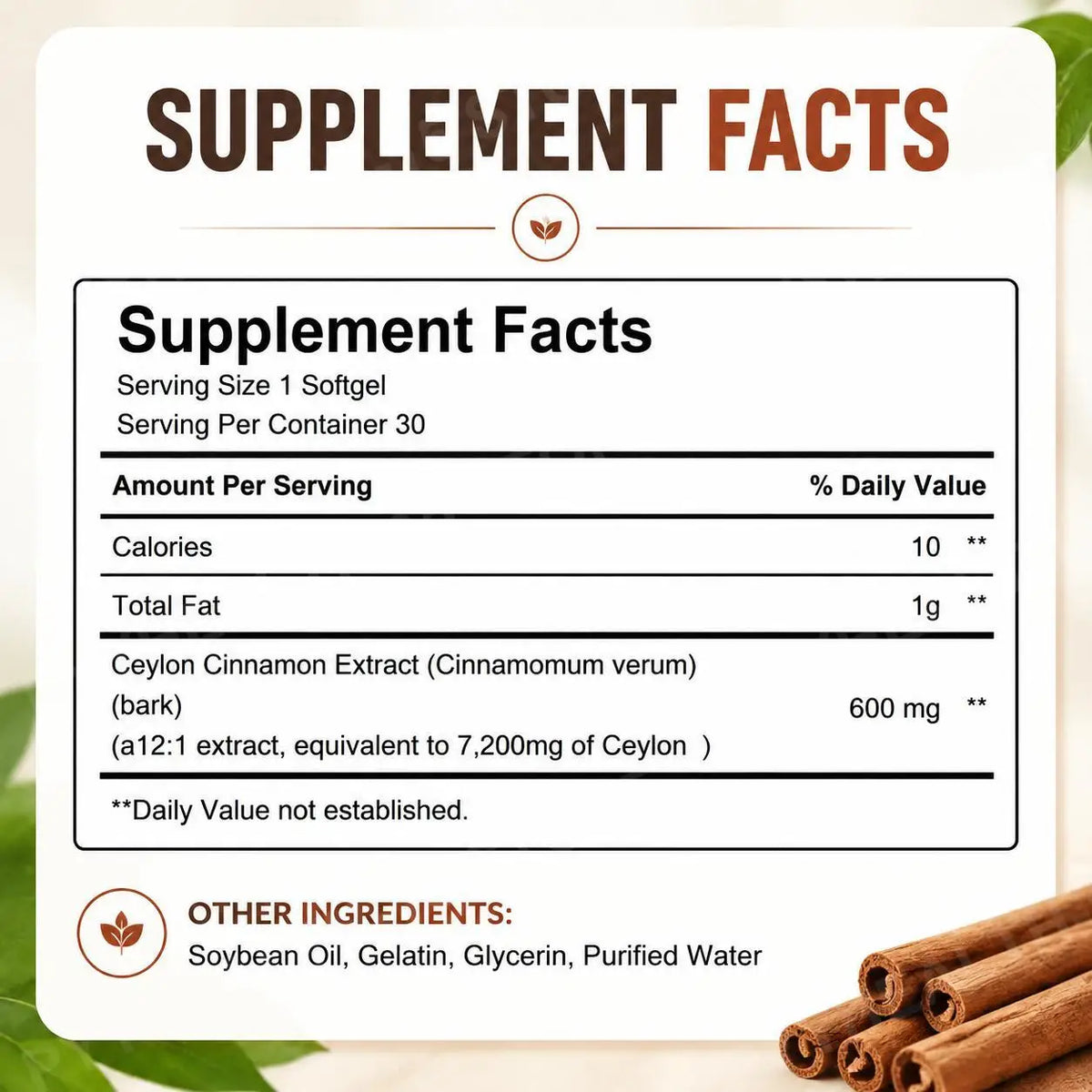 Ceylon Cinnamon Extract Softgels 7200mg + MCT Oil – 30 Count Herbal Supplement Qst