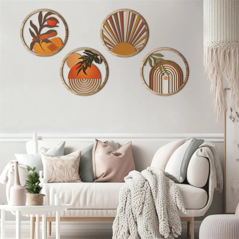 Round Wooden Bohemian Wall Art | Farmhouse Boho Home Decor Wooden Wall Hanging Qme