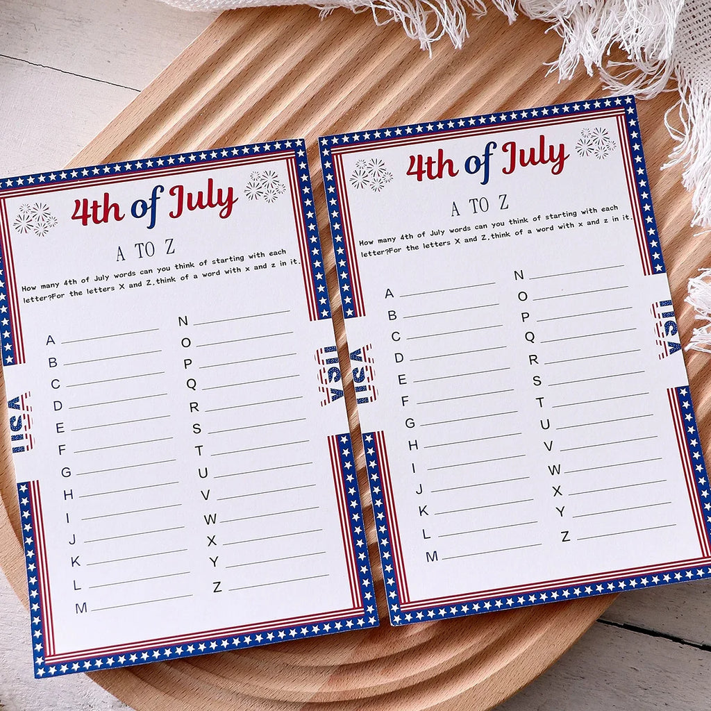 Independence Day A–Z Game Cards with Star Borders | Qme Party Game Cards Qme