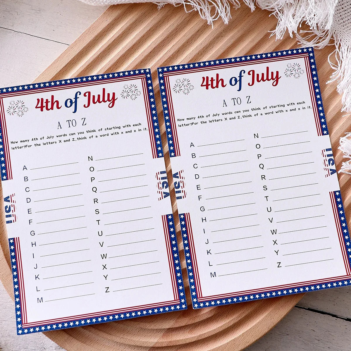 Independence Day A–Z Game Cards with Star Borders | Qme Party Game Cards Qme