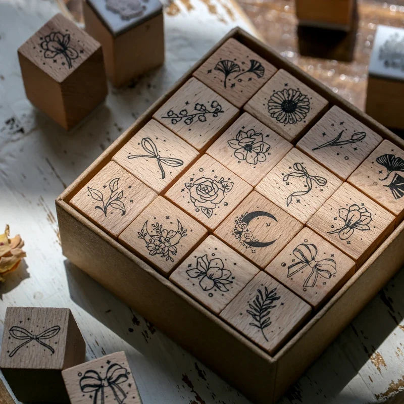 Forest Floral Wooden Stamp Box Set 16pc – Journals & Cards Wooden Stamp Set Qme