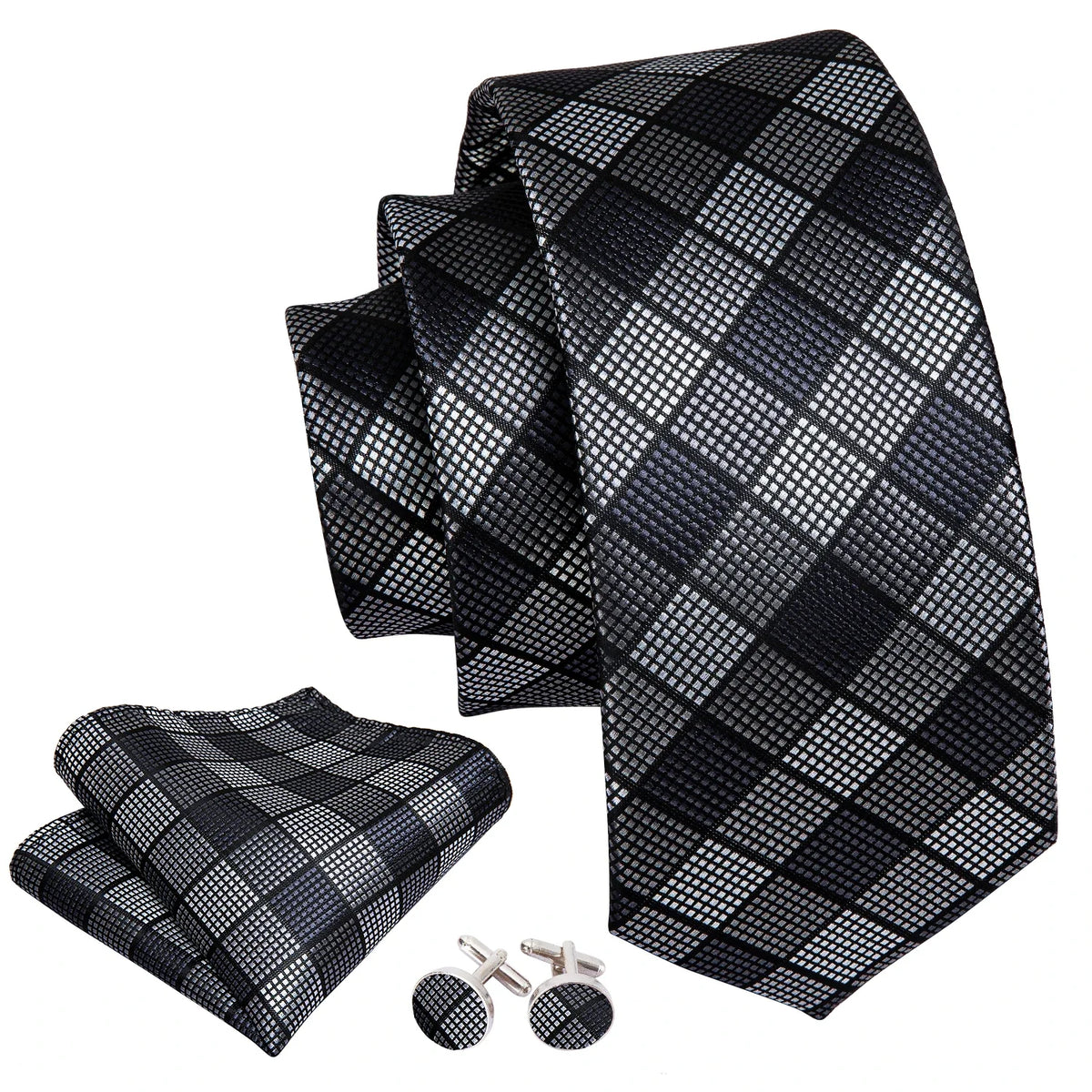 Hi-Tie Plaid Geometric Necktie, Pocket Square & Cufflinks Set Necktie & Cufflinks Set Qme