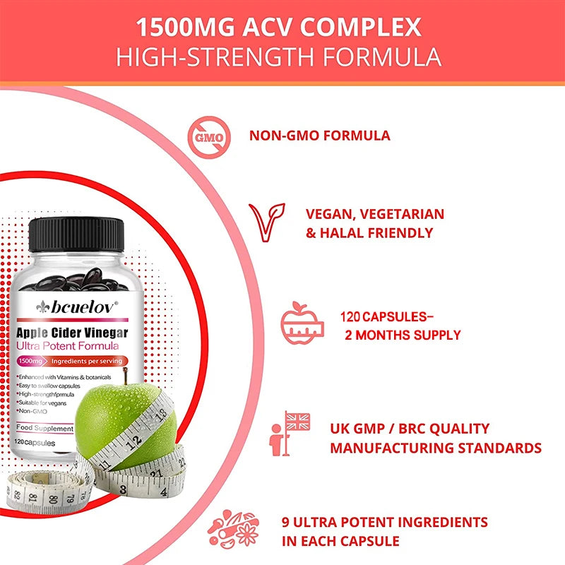 Apple Cider Vinegar 1500mg Capsules – Metabolism & Digestive Support Dietary Supplement Qst