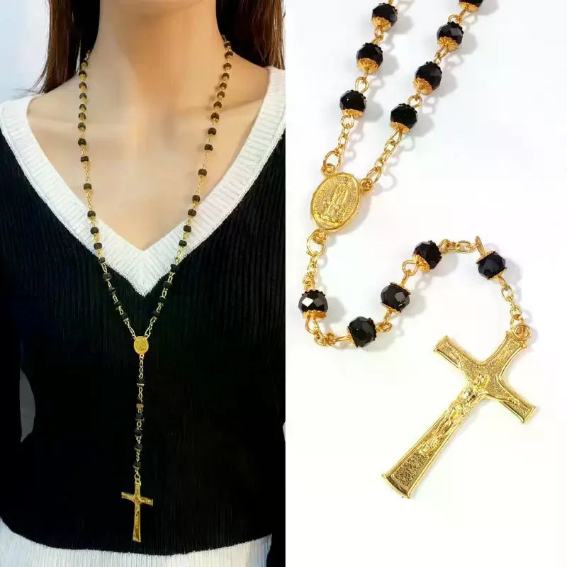 St. Benedict Catholic Cross Pendant Necklace – Black Stone Pendant Necklace Qme