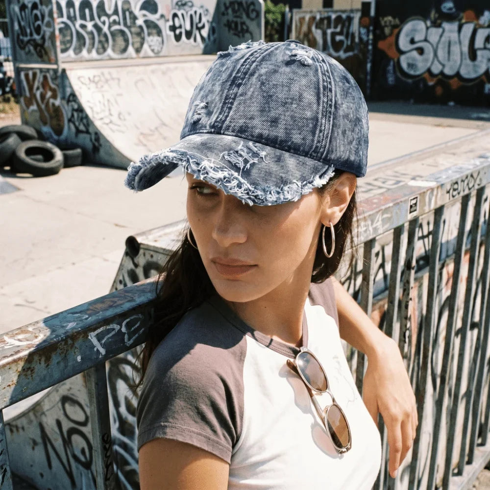Vintage Washed Denim Baseball Cap – Distressed Frayed Fringe Denim Baseball Cap Qme
