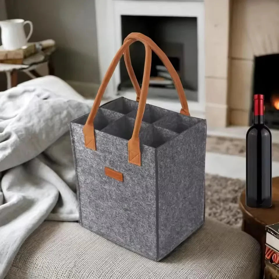 6-Bottle Felt Wine Carrier Tote Bag with Dividers & Handle Wine Carrier Tote Qme