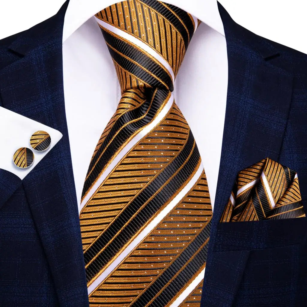 Hi-Tie 100% Silk Black Gold Jacquard Wedding Necktie Set