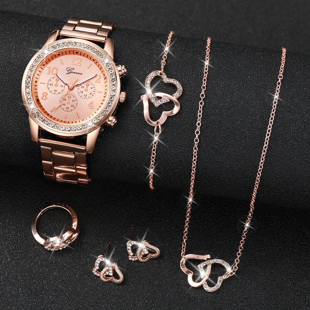 Women's Diamond Double Heart Quartz Watch – Steel Strap Fashion Watch Qme