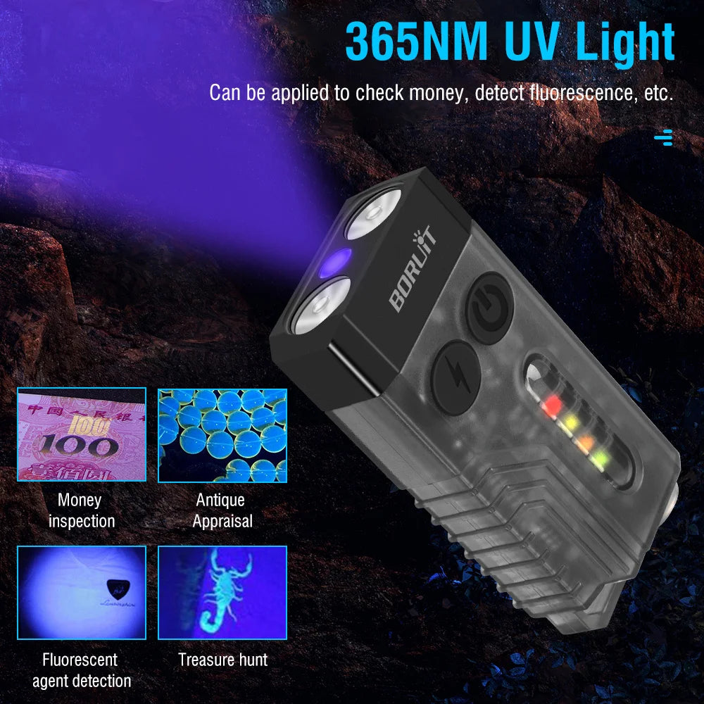 BORUiT V10 EDC Keychain Flashlight – USB-C, UV Light & Magnet EDC Keychain Flashlight Qst