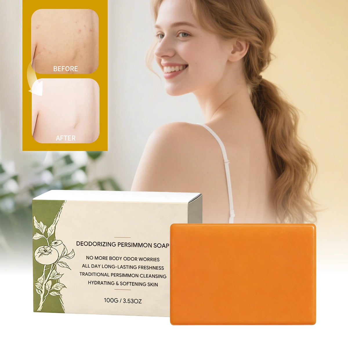 Natural Persimmon Extract Soap Bar – Hydrating Body Cleanser Soap Bar Qst