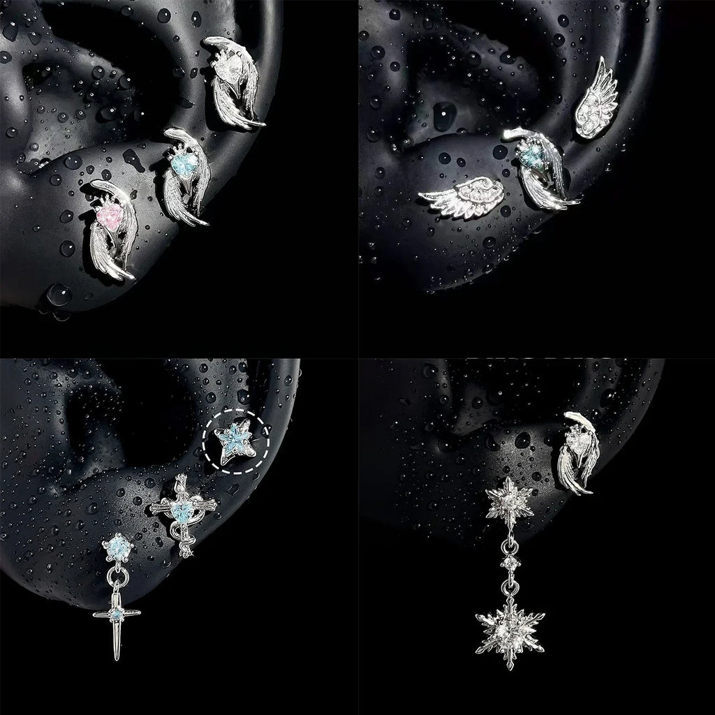 Y2K Silver Wing Heart Cartilage Dangle Earrings – Star Cross Snowflake Cartilage Dangle Earrings Qme