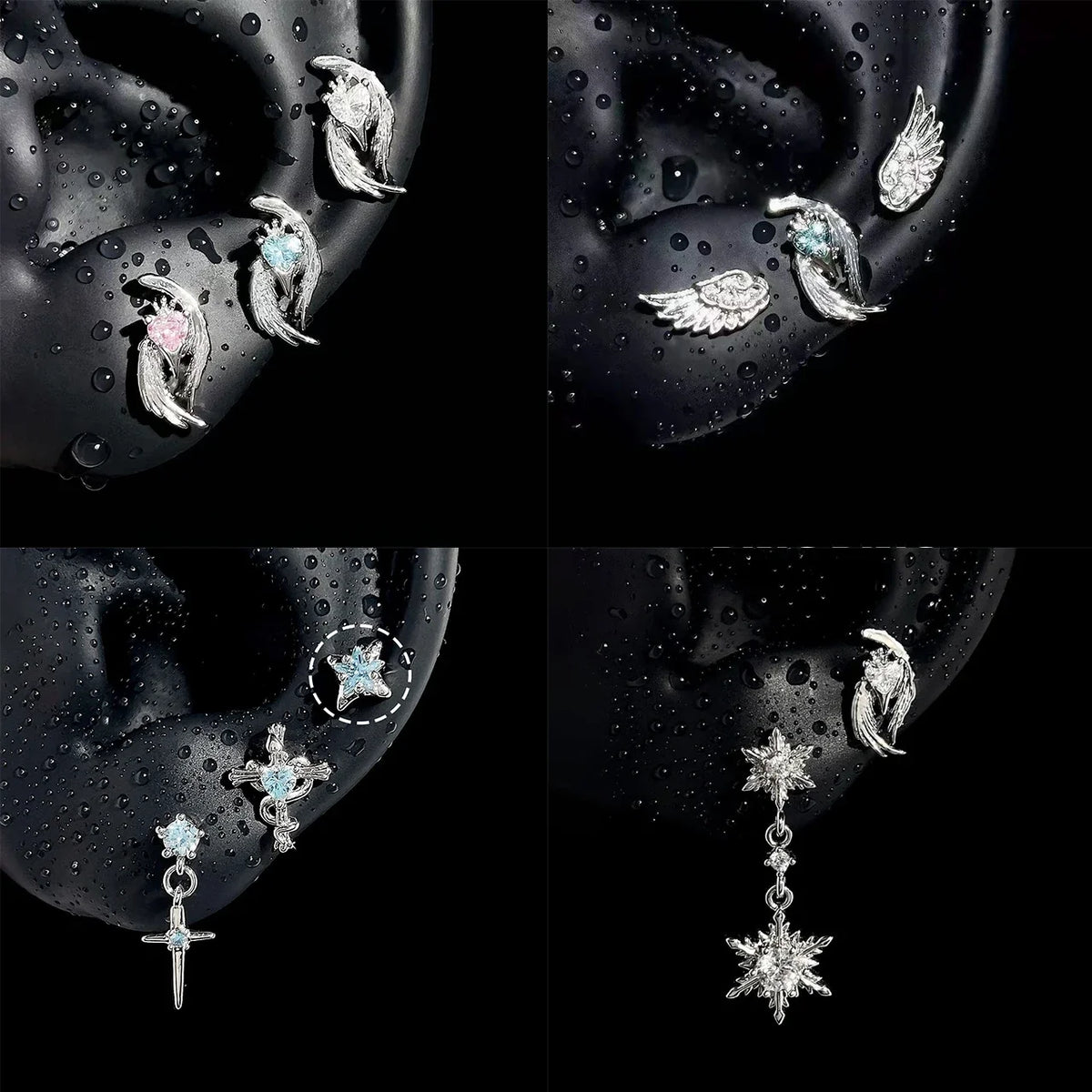 Y2K Silver Wing Heart Cartilage Dangle Earrings – Star Cross Snowflake Cartilage Dangle Earrings Qme