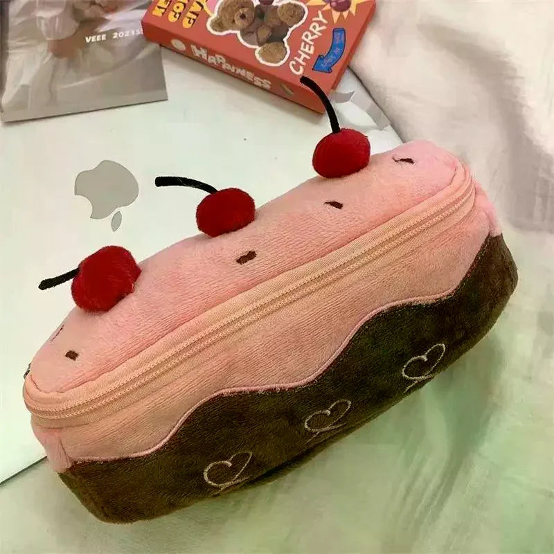 Kawaii Cherry Cake Plush Pencil Case – Large Capacity Fuzzy Kawaii Pencil Case Qme