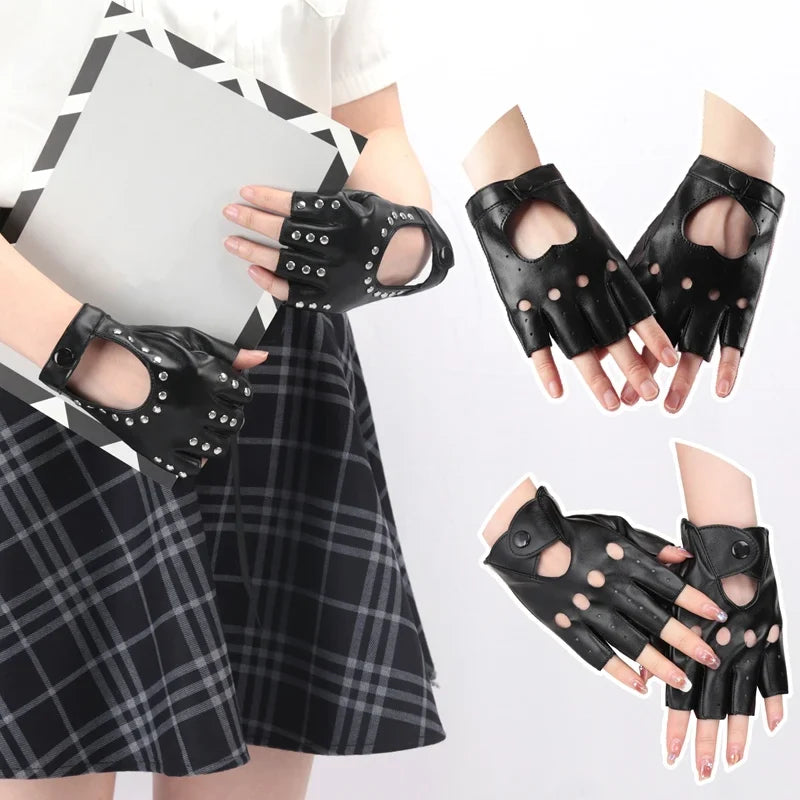 Unisex Punk Fingerless Gloves – Synthetic Leather Riding Fingerless Riding Gloves Qme