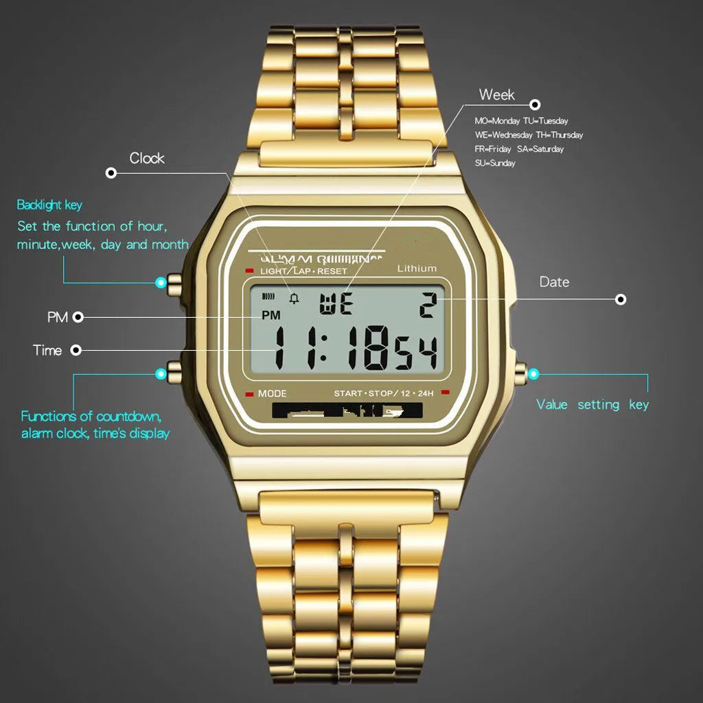Ultra-Thin Steel Strip LED Electronic Watch | Gold & Silver LED Fashion Watch Qme