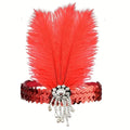 Retro 1920s Feather & Sequin Headband – Vintage Hair Hoop Feather Headband Qme Red