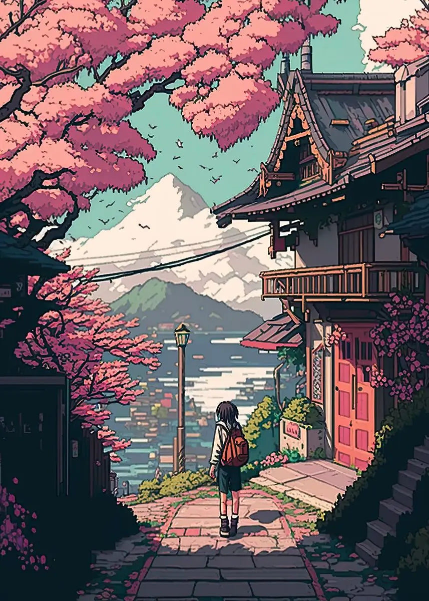 Japan Pixel Street Landscape Canvas Wall Art Print | Home Decor Canvas Wall Art Qst B 50X70cm No Framed
