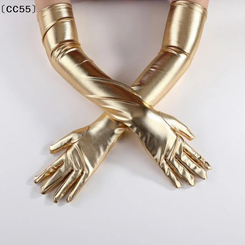 Metallic PU Leather Long Gloves – Punk Cosplay Dance Accessory Costume Gloves Qst