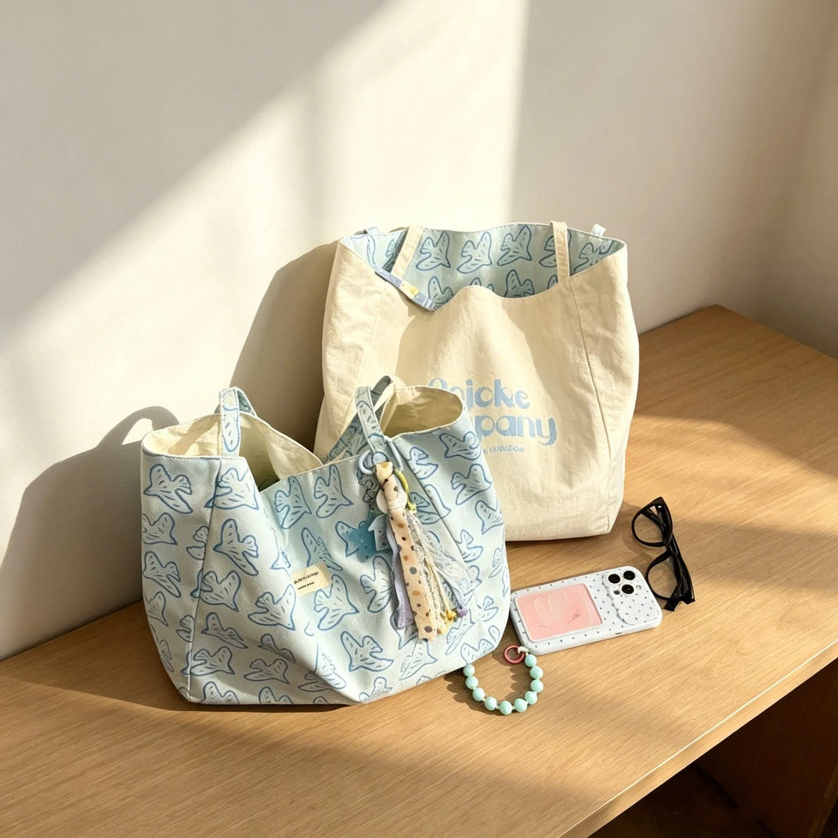 Reversible Canvas Tote Bag | Cute Pigeon Print, Large Capacity Canvas Tote Bag Qme Blue one size