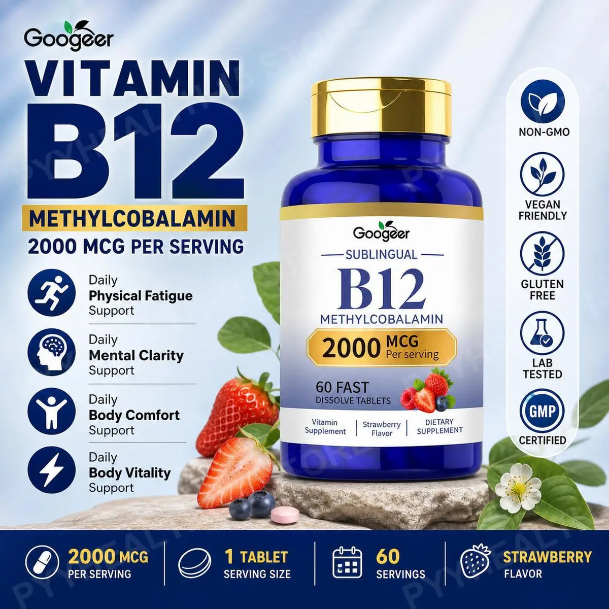Googeer B12 Methylcobalamin Sublingual Tablets – Strawberry 60ct Vitamin B12 Supplement Qst