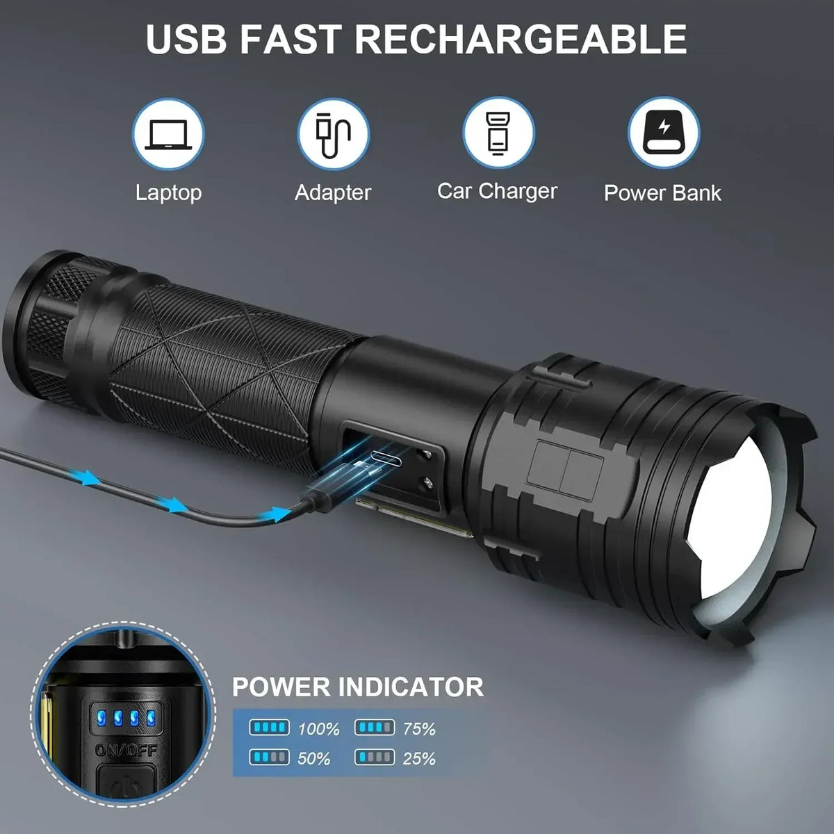 Super Bright Rechargeable LED Flashlight – 7 Modes & Power Bank Rechargeable Flashlight Qst