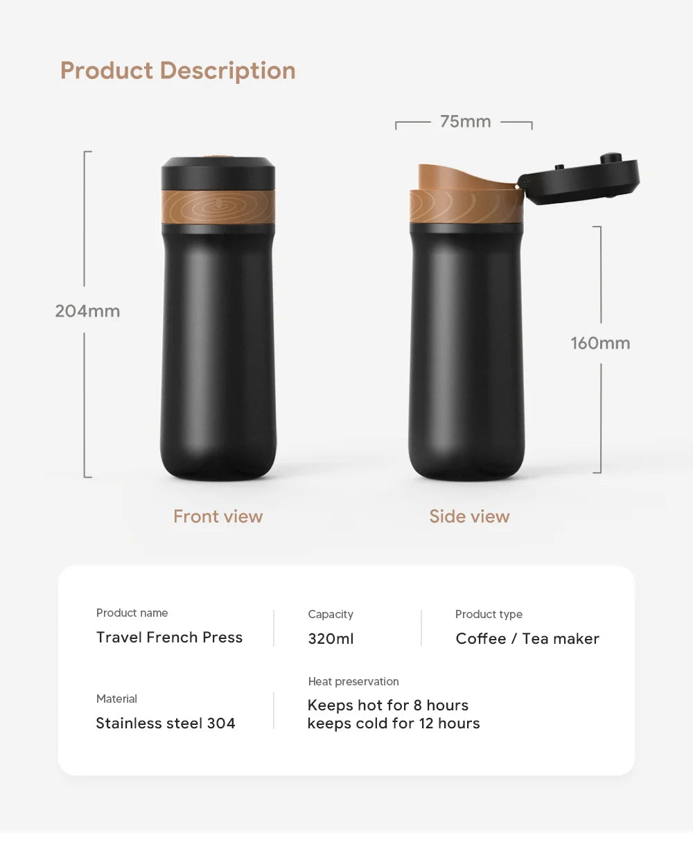 RECAFIMIL 12oz Portable French Press Travel Mug – Camping French Press Travel Mug Qst