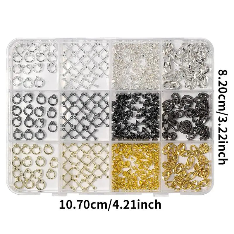 Punk Metal Nail Charms 12-Grid – Alloy Rivets, Rings & Y2K Studs Nail Art Charms Qst