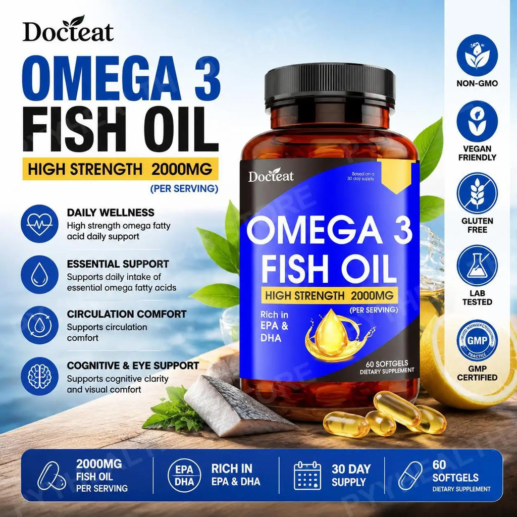 Docteat Omega-3 Fish Oil 2000mg – EPA 800mg DHA 600mg, 60 Softgels Omega-3 Supplement Qst