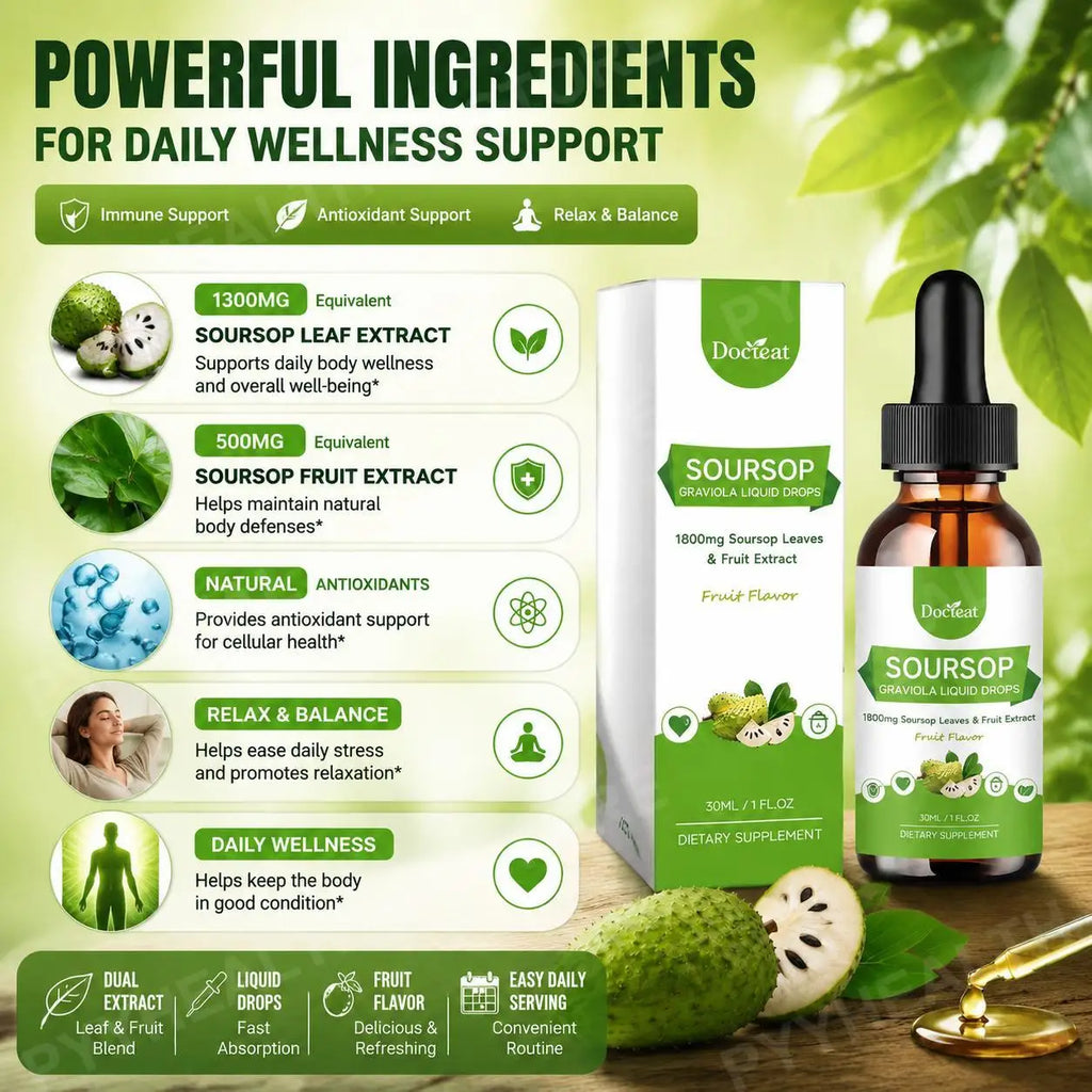DOCTEAT Soursop Graviola Liquid Drops 500mg – Daily Vitality 30mL Herbal Liquid Supplement Qst