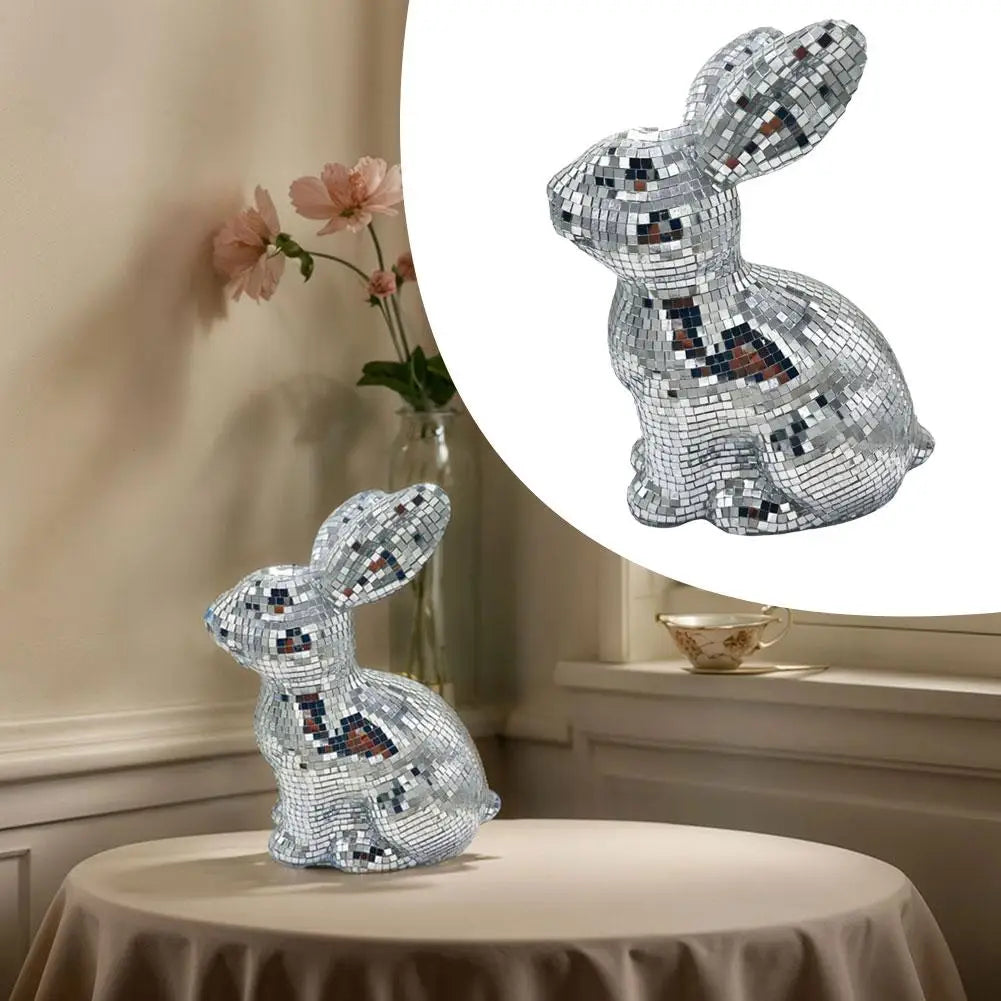 Mirror Disco Ball Bunny Figurine | Easter Rabbit Desk Ornament Decorative Figurine Qme