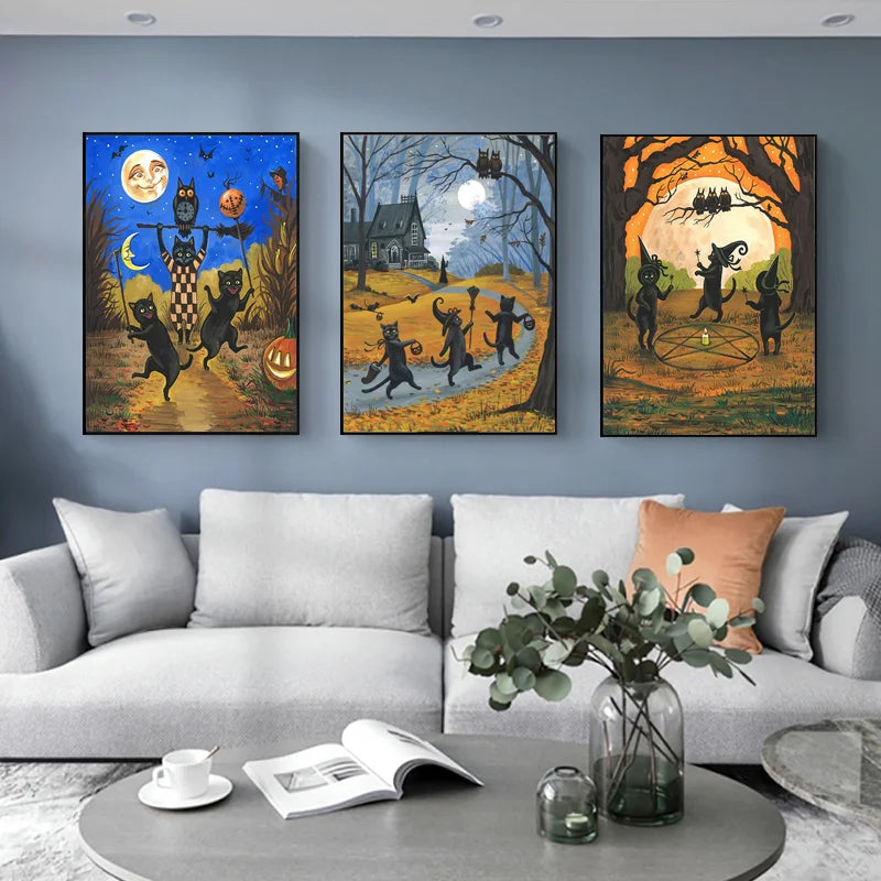 Halloween Black Cat Witch Owl Vintage Canvas Wall Art Poster Canvas Wall Art Qst