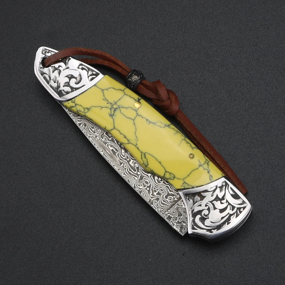 XUANFENG Damascus Folding Pocket Knife – Yellow Handle Folding Pocket Knife Qst
