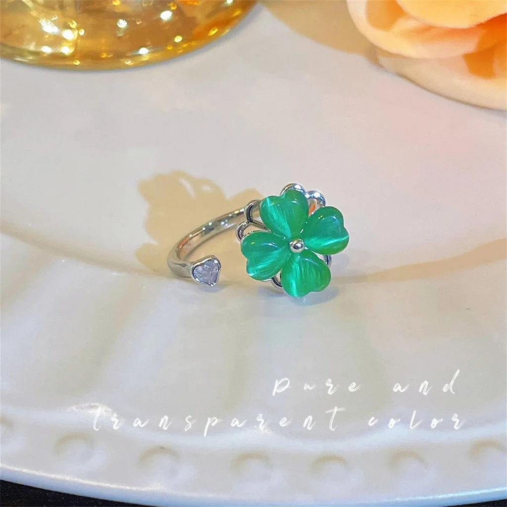 Purple Four Leaf Zircon Flower Adjustable Ring for Women Fashion Ring Qme
