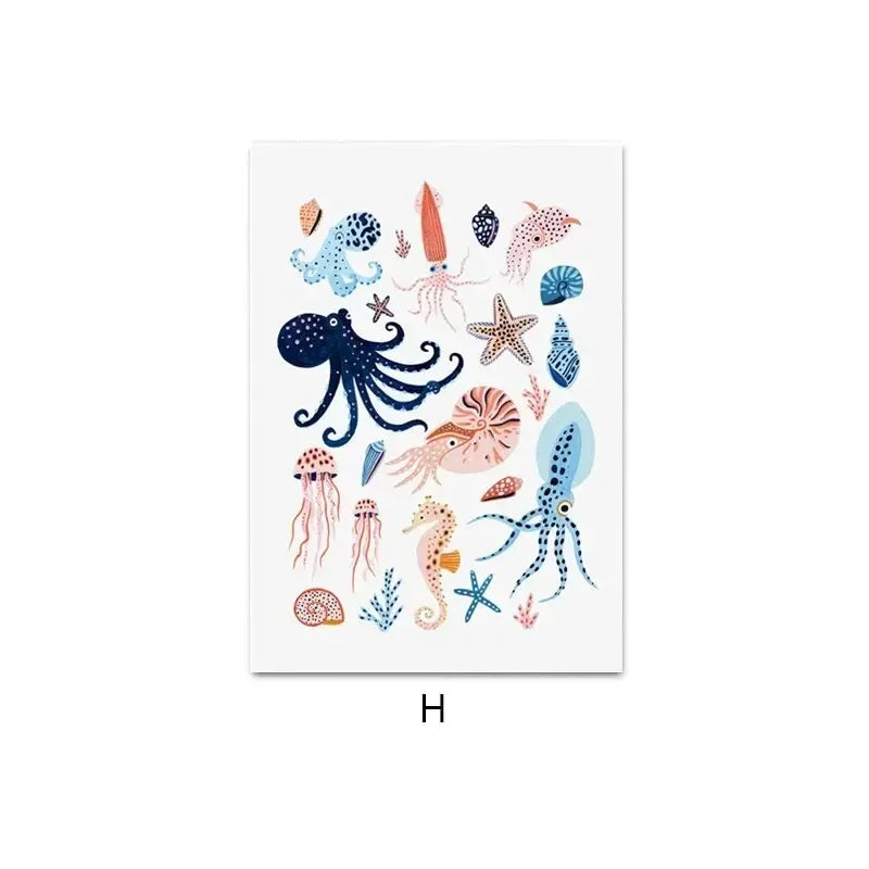 Nordic Ocean Sea Creatures Canvas Wall Art Poster | Home Decor Canvas Wall Art Qst P7 30x40cm Unframed