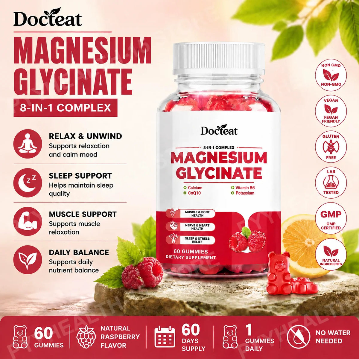 Docteat Magnesium Glycinate Gummies 60ct – GABA, CoQ10 & B6 Wellness Supplement Gummies Qst