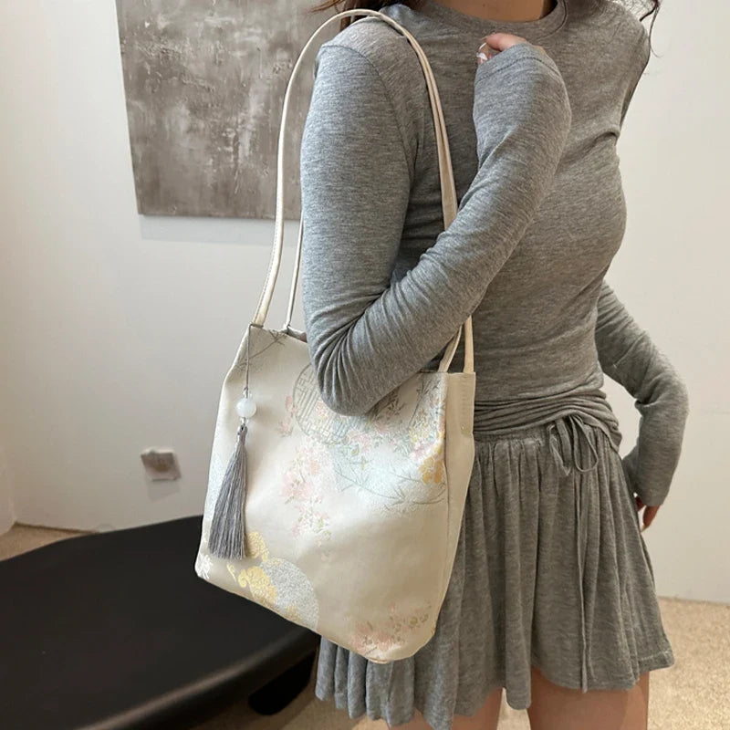 Women's Retro Chinese-Style Elegant Fabric Shoulder Tote Bag Shoulder Tote Bag Qme