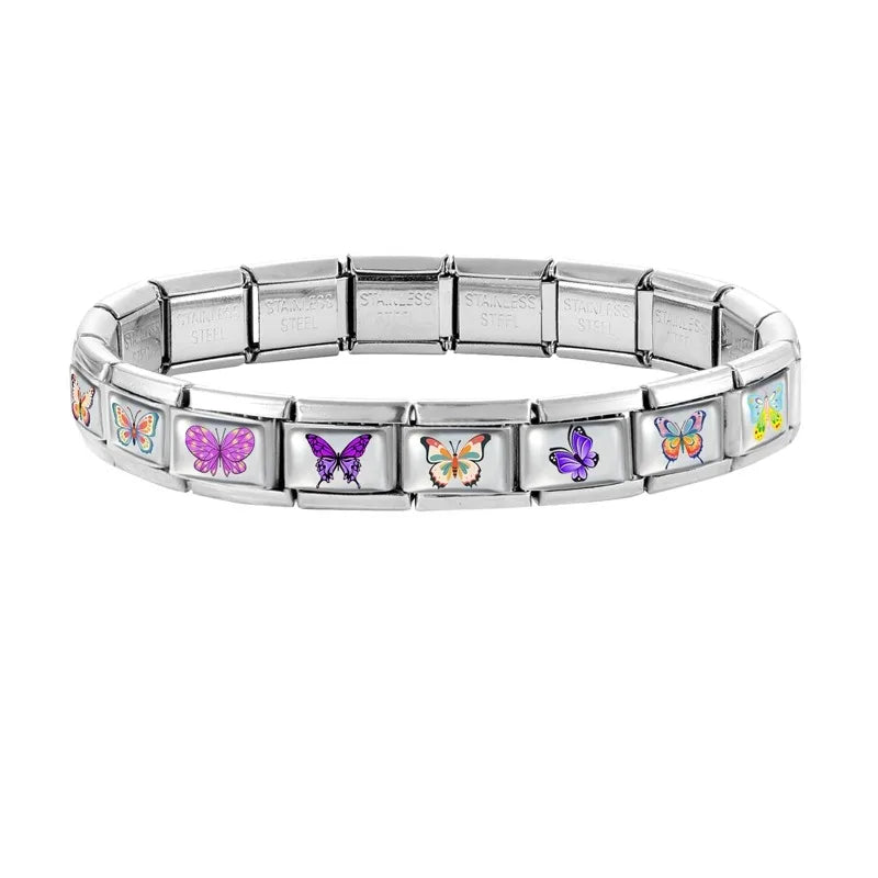 Y2K Purple Butterfly Flower Italian Charm Link Bracelet Italian Charm Link Qme