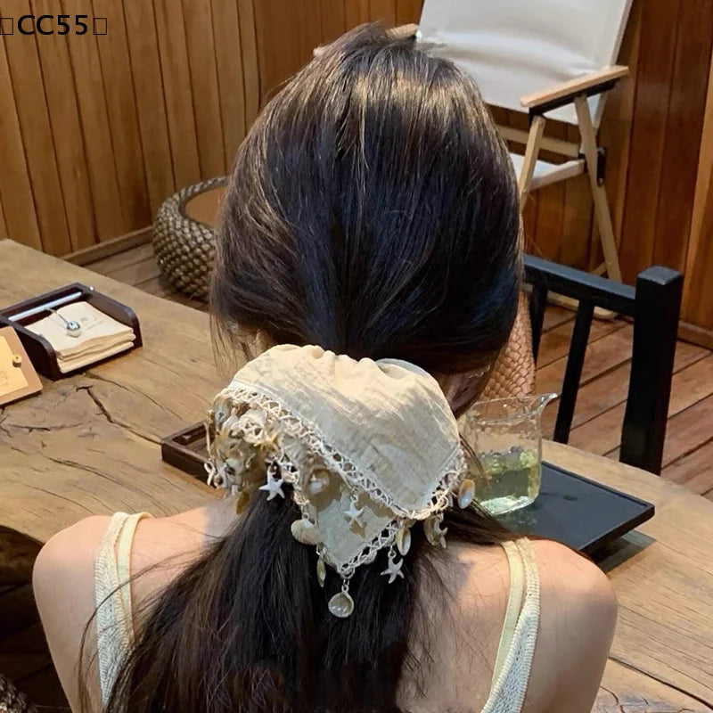 Seashell Tassel Scarf Hair Tie – Bohemian Beach Style Scarf Hair Tie Qst