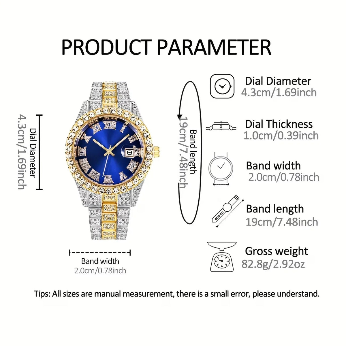 Two-Tone Iced Out Men's Watch & Cuban Bracelet – Blue Dial Watch & Bracelet Set Qme